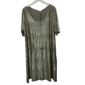 Paper Planes Shimmery Gold Stripe Shift Dress w/ Long Necklace Women's 3X New
